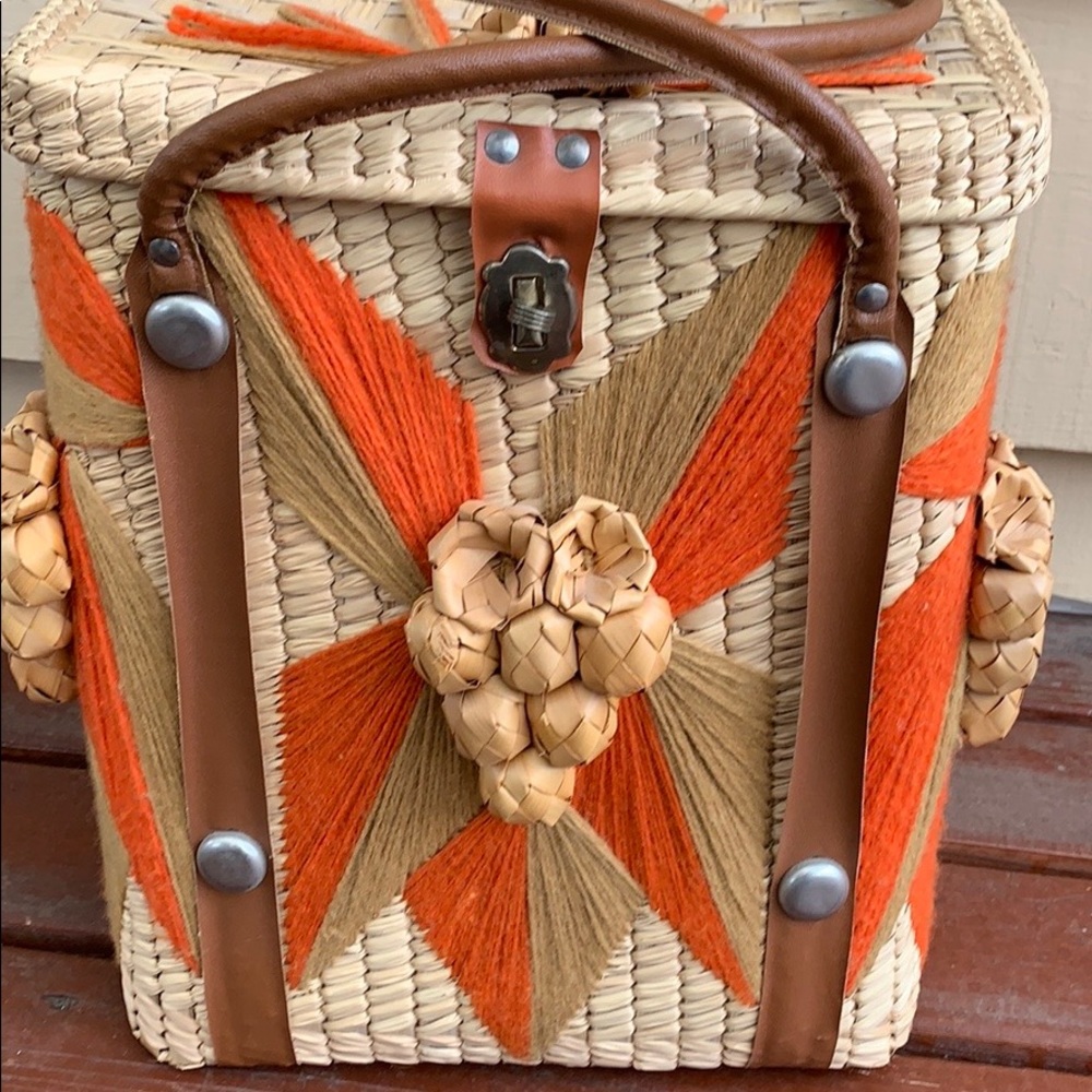 Beach Straw Wooven Square VTG basket Bag - Picture 3 of 8